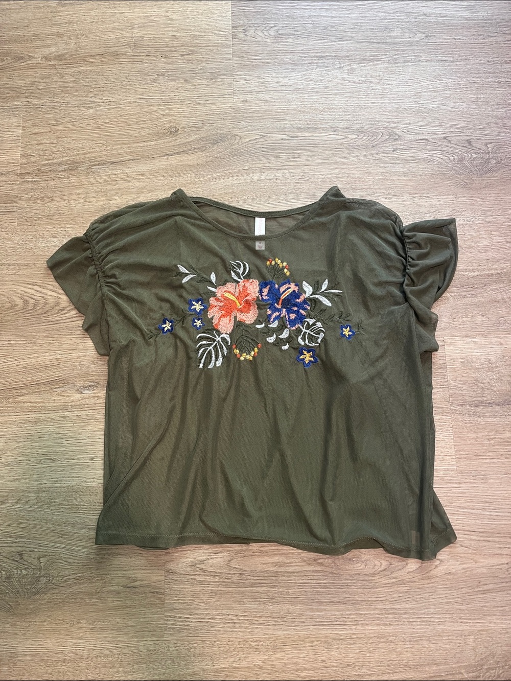 Olive Floral Embroidered Short Sleeve Mesh Cropped Top